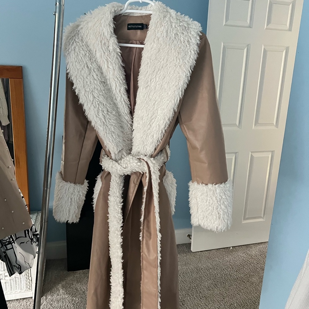 Brown Faux Leather Coat with White Faux Fur Trim